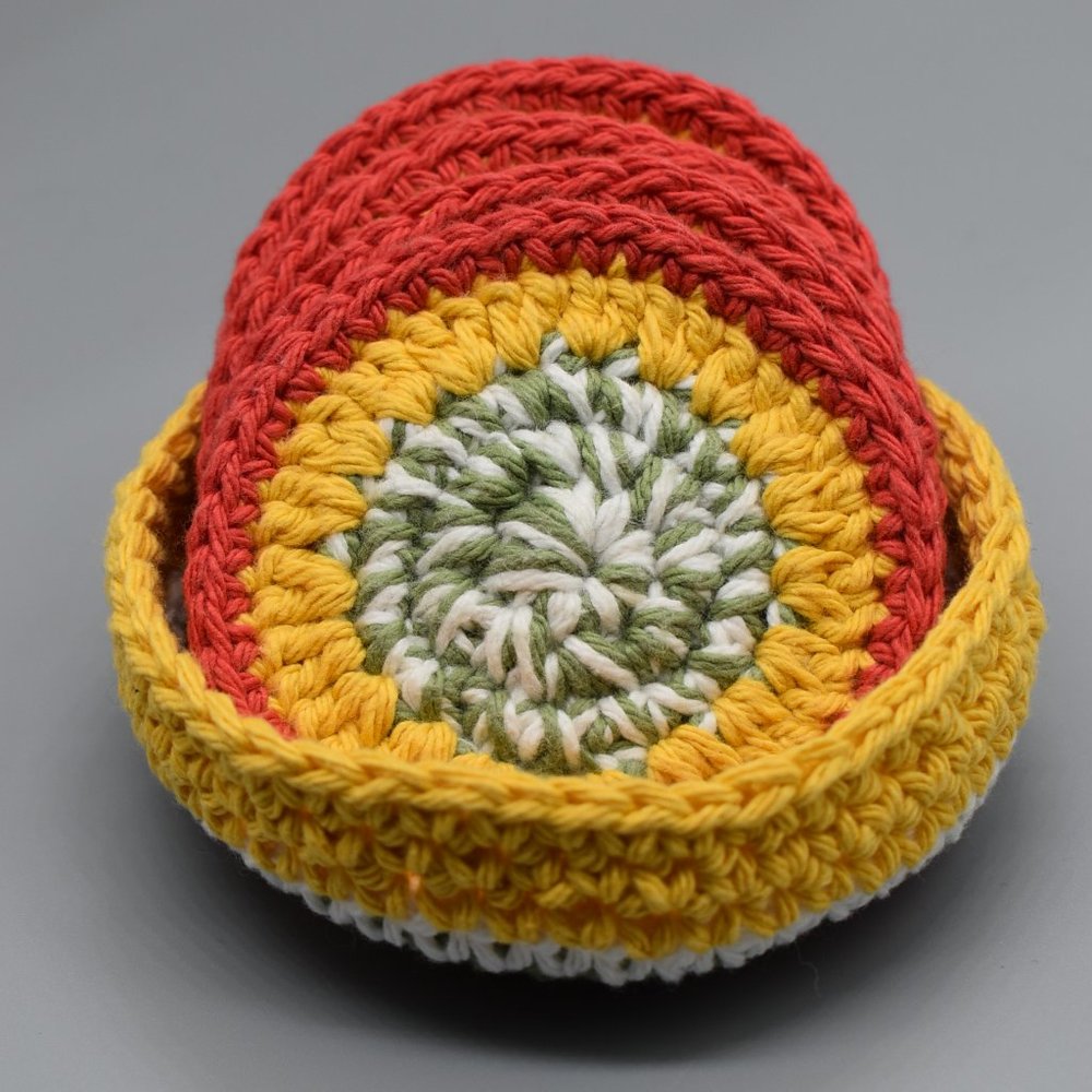 Handcrafted Crochet Coasters Set of four with Matching Basket - Picture 3 of 11